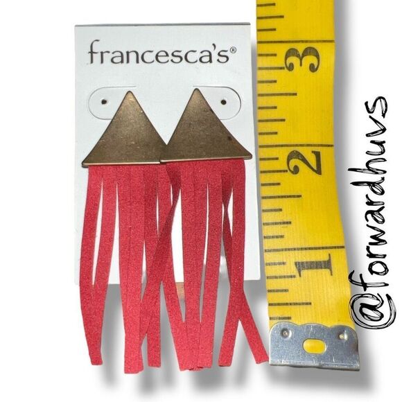 Francesca’s Brass Tone Triangle Red Suede Fringe Earrings - Picture 3 of 7